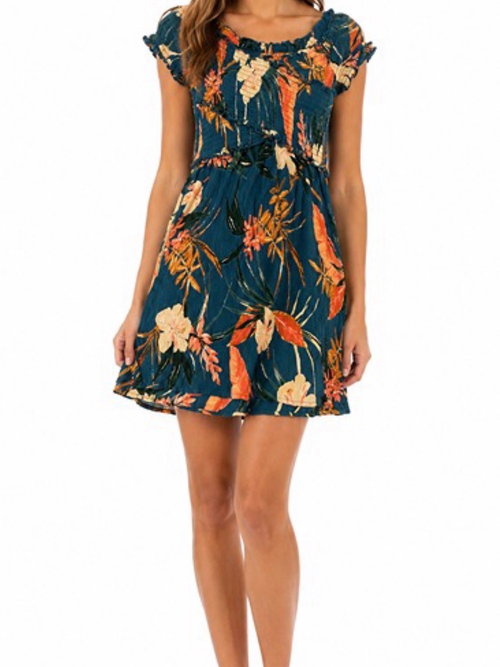 & Other Stories Teal Floral Mini Dress with Orange and Cream Accents